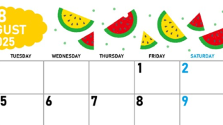 2025年8月横型の月曜始まり 季節の果物イラストのかわいいA4無料カレンダー