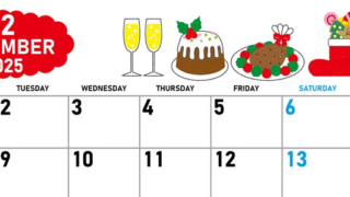 2025年12月横型の月曜始まり 御馳走イラストのかわいいA4無料カレンダー