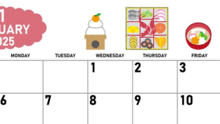 2025年1月横型の日曜始まり お節イラストのかわいいA4無料カレンダー