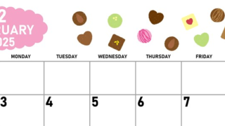 2025年2月横型の日曜始まり チョコのイラストがかわいいA4無料カレンダー