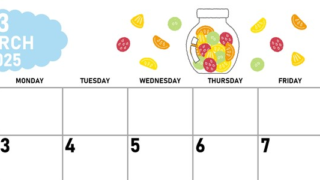 2025年3月横型の日曜始まり 果物イラストのかわいいA4無料カレンダー