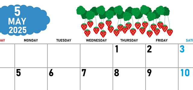 2025年5月横型の日曜始まり いちごイラストのかわいいA4無料カレンダー