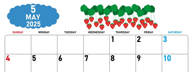 2025年5月横型の日曜始まり いちごイラストのかわいいA4無料カレンダー