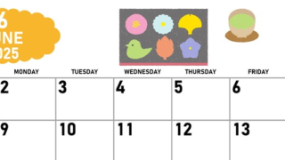 2025年6月横型の日曜始まり 和菓子イラストのかわいいA4無料カレンダー