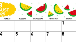 2025年8月横型の日曜始まり 季節の果物イラストのかわいいA4無料カレンダー