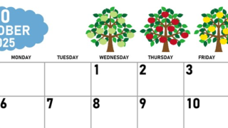 2025年10月横型の日曜始まり リンゴの木イラストのかわいいA4無料カレンダー