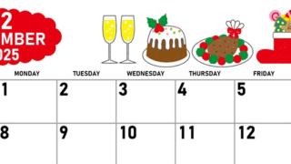 2025年12月横型の日曜始まり 御馳走イラストのかわいいA4無料カレンダー
