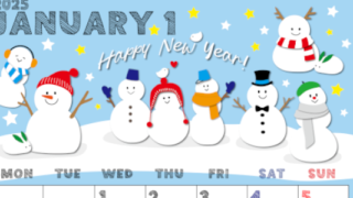 2025年1月縦型の月曜始まり スノーマンイラストのかわいいA4無料カレンダー