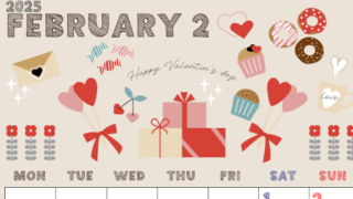 2025年2月縦型の月曜始まり かわいいバレンタインイラストA4無料カレンダー