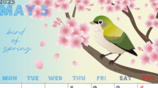 2025年5月縦型の月曜始まり 鶯と桜イラストのかわいいA4無料カレンダー