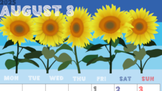 2025年8月縦型の月曜始まり 夏らしいイラストのかわいいA4無料カレンダー