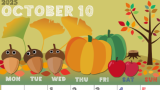 2025年10月縦型の月曜始まり 秋の季節イラストのかわいいA4無料カレンダー