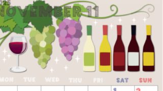 2025年11月縦型の月曜始まり 赤白ワインのかわいいイラストA4無料カレンダー