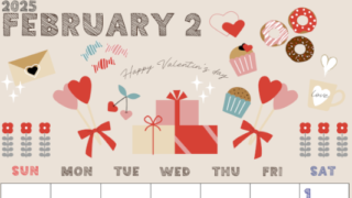 2025年2月縦型の日曜始まり かわいいバレンタインイラストA4無料カレンダー