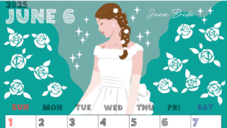 2025年6月縦型の日曜始まり 白薔薇イラストのかわいいA4無料カレンダー