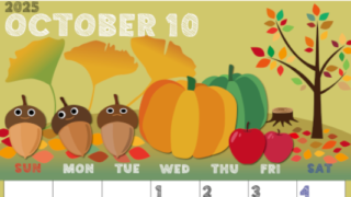 2025年10月縦型の日曜始まり 秋の季節イラストのかわいいA4無料カレンダー