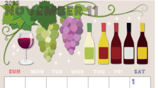 2025年11月縦型の日曜始まり 赤白ワインのかわいいイラストA4無料カレンダー