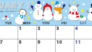 2025年1月横型の月曜始まり スノーマンイラストのかわいいA4無料カレンダー