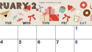 2025年2月横型の月曜始まり かわいいバレンタインイラストA4無料カレンダー