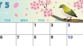 2025年5月横型の月曜始まり 鶯と桜イラストのかわいいA4無料カレンダー