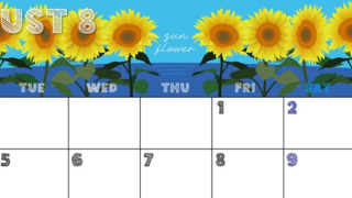 2025年8月横型の月曜始まり 夏らしいイラストのかわいいA4無料カレンダー