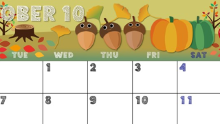 2025年10月横型の月曜始まり 秋の季節イラストのかわいいA4無料カレンダー