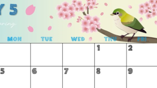 2025年5月横型の日曜始まり 鶯と桜イラストのかわいいA4無料カレンダー