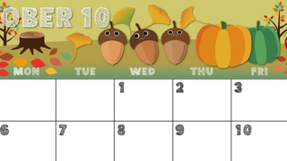 2025年10月横型の日曜始まり 秋の季節イラストのかわいいA4無料カレンダー