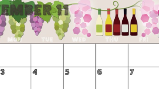 2025年11月横型の日曜始まり 赤白ワインのかわいいイラストA4無料カレンダー