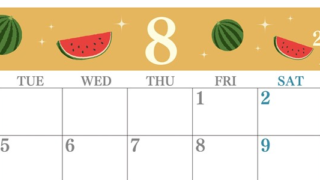 2025年8月横型の月曜始まり 西瓜イラストのかわいいA4無料カレンダー