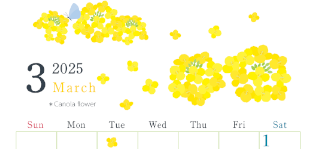 2025年3月縦型の日曜始まり 菜の花イラストのかわいいA4無料カレンダー
