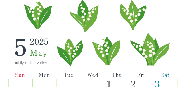 2025年5月縦型の日曜始まり 白い花イラストのかわいいA4無料カレンダー