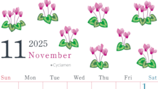 2025年11月縦型の日曜始まり シクラメンがかわいいイラストA4無料カレンダー