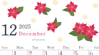 2025年12月縦型の日曜始まり ポインセチアがかわいいイラストA4無料カレンダー