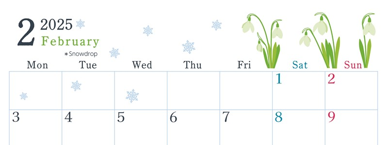 2025年2月横型の月曜始まり 白い花がかわいいイラストA4無料カレンダー