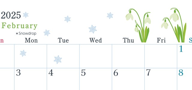 2025年2月横型の日曜始まり 白い花がかわいいイラストA4無料カレンダー