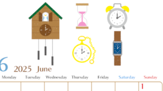 2025年6月縦型の月曜始まり 時計イラストのおしゃれA4無料カレンダー