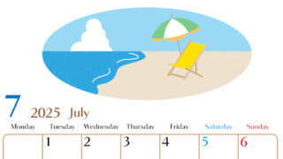 2025年7月縦型の月曜始まり  バカンスイラストのおしゃれA4無料カレンダー
