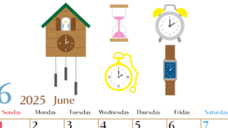 2025年6月縦型の日曜始まり 時計イラストのおしゃれA4無料カレンダー
