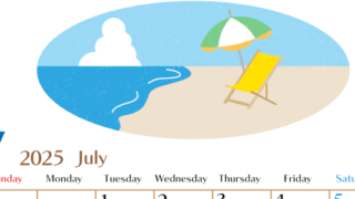 2025年7月縦型の日曜始まり  バカンスイラストのおしゃれA4無料カレンダー