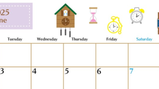 2025年6月横型の月曜始まり 時計イラストのおしゃれA4無料カレンダー