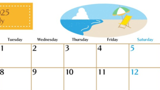 2025年7月横型の月曜始まり  バカンスイラストのおしゃれA4無料カレンダー