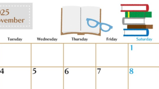2025年11月横型の月曜始まり 読書イラストのおしゃれA4無料カレンダー