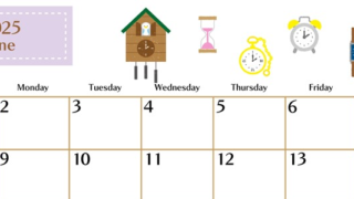 2025年6月横型の日曜始まり 時計イラストのおしゃれA4無料カレンダー