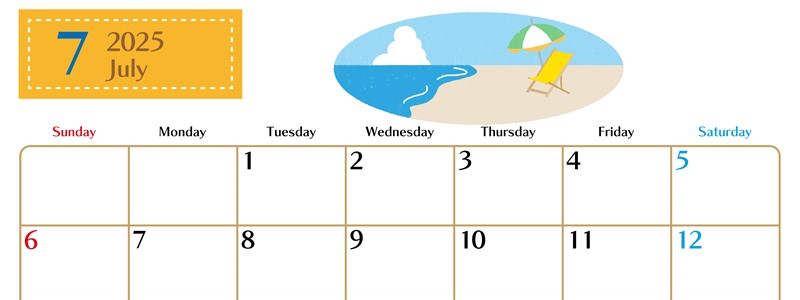 2025年7月横型の日曜始まり バカンスイラストのおしゃれA4無料カレンダー