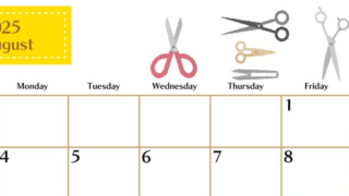 2025年8月横型の日曜始まり ハサミイラストのおしゃれA4無料カレンダー