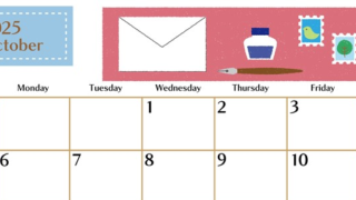 2025年10月横型の日曜始まり 手紙イラストのおしゃれA4無料カレンダー