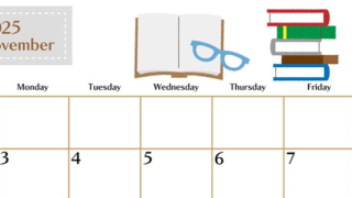 2025年11月横型の日曜始まり 読書イラストのおしゃれA4無料カレンダー