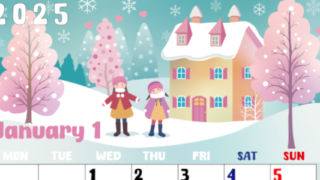 2025年1月縦型の月曜始まり イラストのかわいいA4無料カレンダー