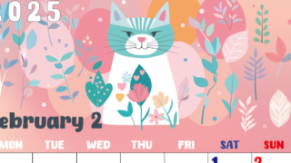 2025年2月縦型の月曜始まり イラストのかわいいA4無料カレンダー